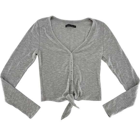 Abercrombie & Fitch Womens Gray Ribbed Tie Front V-Neck Cardigan Sweater Small - Picture 6 of 8